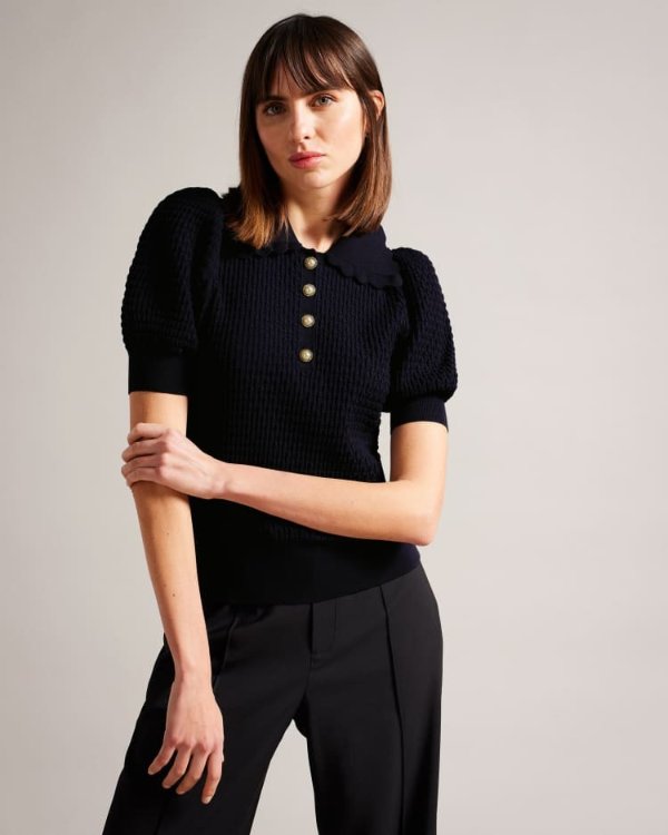 Polo Knit Top With Embellished Buttons
