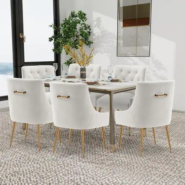 SEYNAR Modern Dining Chairs Set of 6, Velvet Accent Chair Tufted Back Armless Chair with Back Pull - White