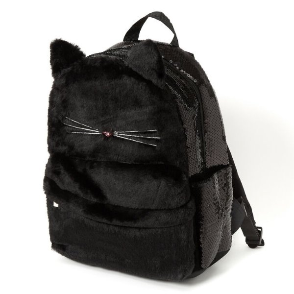 Plush Sequin Cat Medium Backpack - Black