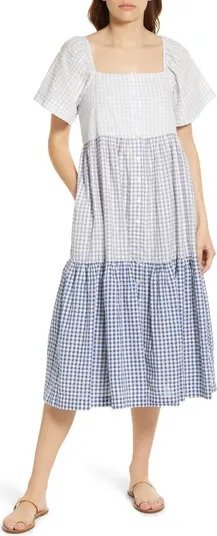 Patchwork Gingham Button Front Tiered Midi Dress