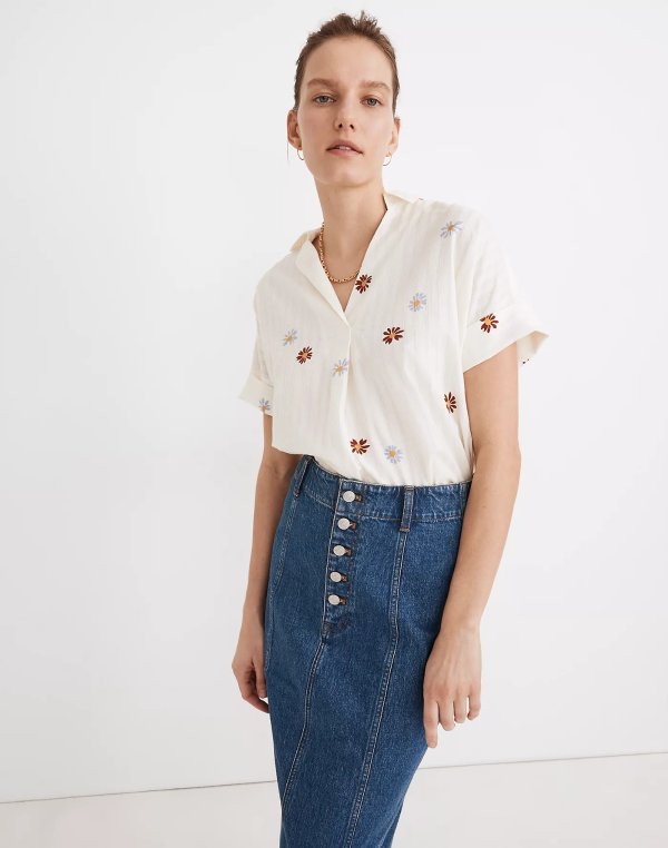 Daisy Embroidered Courier Button-Back Shirt in Stripe