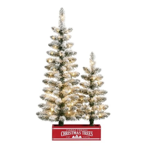 3ft Pre-lit Flocked Farmhouse Christmas Tree Set, Warm White Micro LED, Green, 3'