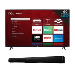 TCL 43 / 50 Inch 4K UHD Smart Roku LED TV + Alto 5 2.0 Channel Home Theater Sound Bar