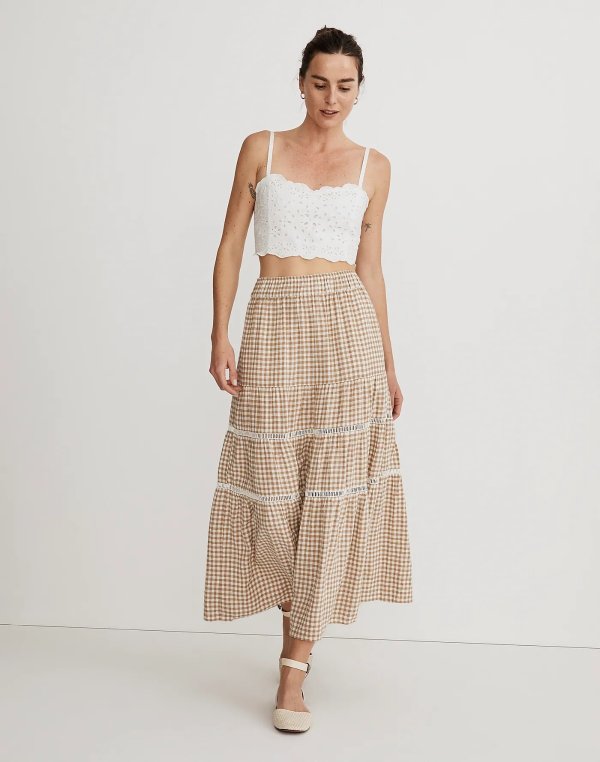 Linen-Blend Eyelet-Trim Tiered Maxi Skirt