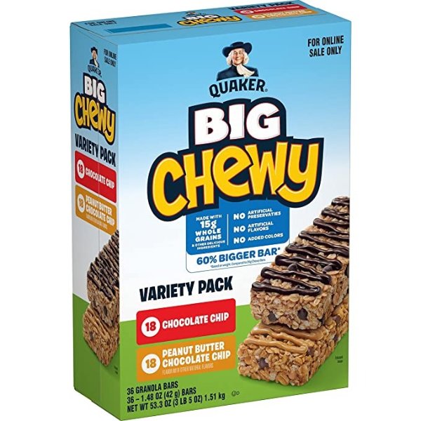 Big Chewy Granola Bars, 60% Larger, 2 Flavor Variety Pack, (36 Pack)