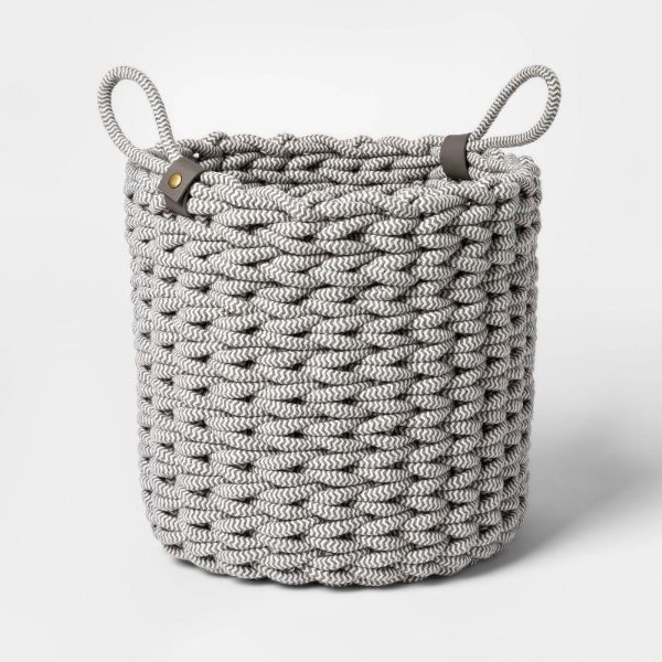 Small Coiled Rope Fishtail Weave Basket with Faux Leather Accent Gray - Project 62&#8482;
