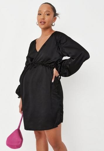 - Black Channel Sleeve Maternity Satin Mini Dress