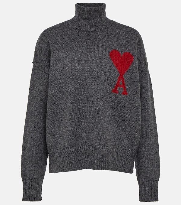 Ami De Coeur Wool Turtleneck Sweater in Grey - Ami Paris | Mytheresa