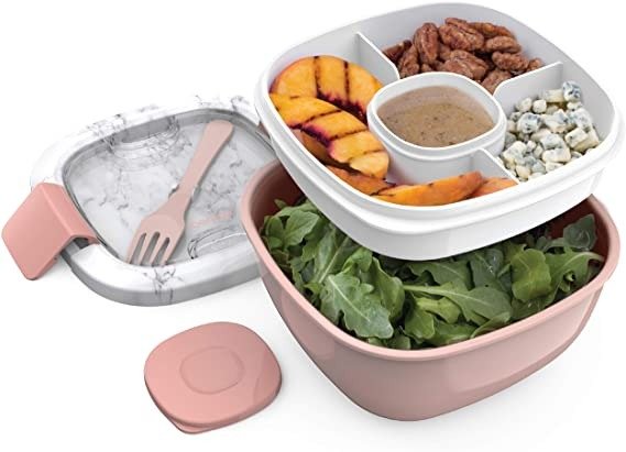® Salad - Stackable Lunch Container with Large 54-oz Salad Bowl, 4-Compartment Bento-Style Tray for Toppings, 3-oz Sauce Container for Dressings, Built-In Reusable Fork & BPA-Free (Blush Marble)