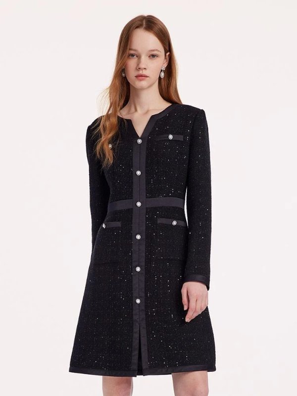 Black Sequins Notched Round Collar Wool Tweed Dress