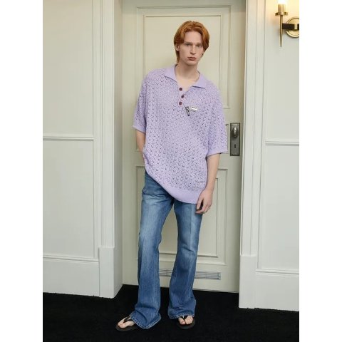 Crochet Punching Polo Knit Sweater