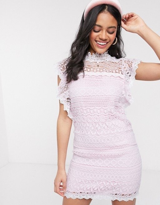 En Creme frill sleeve lace mini dress in pink | ASOS