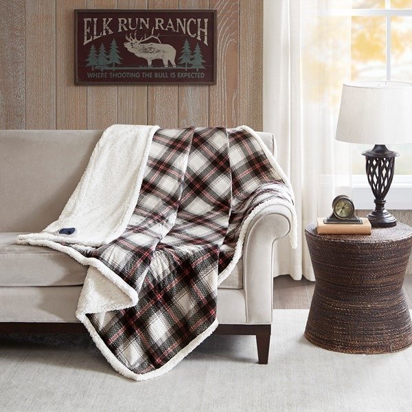 Ridley Oversized Plaid Print Faux Mink to Berber Heated Throw By Woolrich - Designer Living