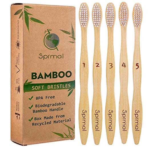 5pcs Sprmal Bamboo Toothbrushes Natural Organic Biodegradable and Vegan Bamboo Soft BPA Free Nylon Bristles For Sensitive Gums