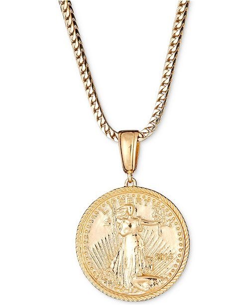 Men's Coin 24" Pendant Necklace in 18k Gold-Plated Sterling Silver