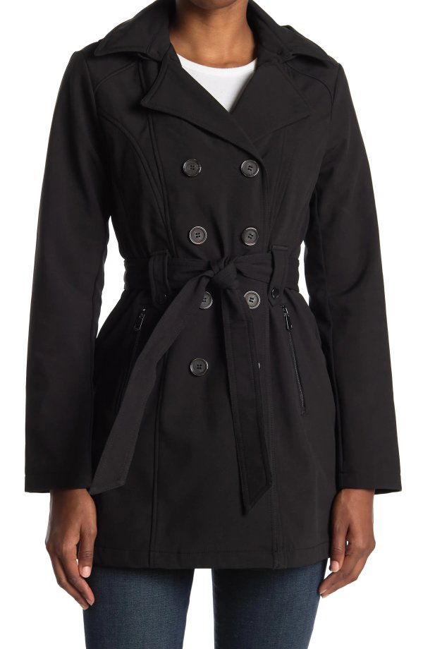 Water-Resistant Softshell Hooded Double-Breasted Trench Coat