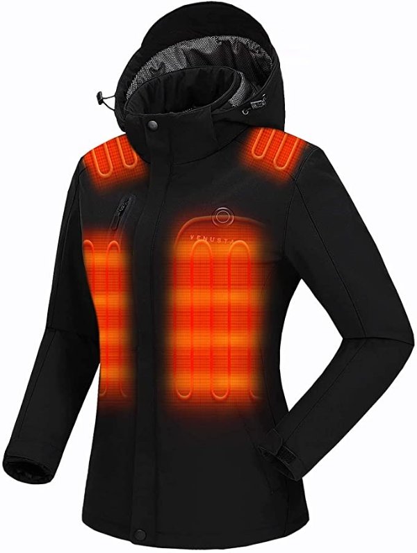 Venustas Women's Heated Jacket with Battery Pack 7.4V, Windproof Electric Insulated Coat with Detachable Hood Slim Fit
