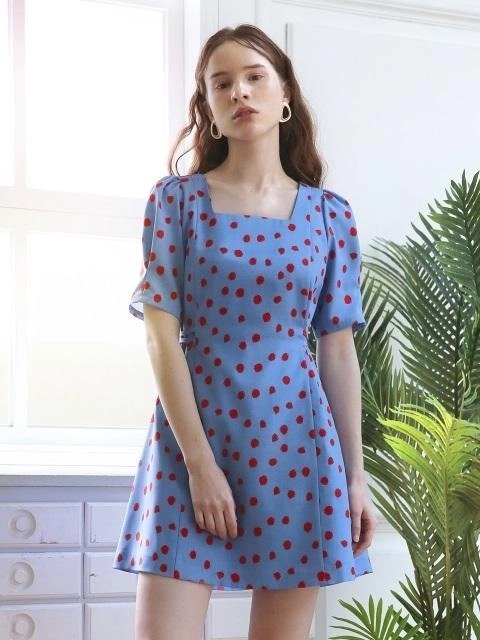 Dot Puff Shoulder Dress_Blue