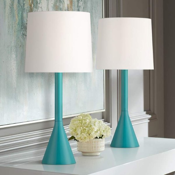 Wesley Aqua Blue Finish Trumpet Base Modern Table Lamps Set of 2 - #803M0 | Lamps Plus