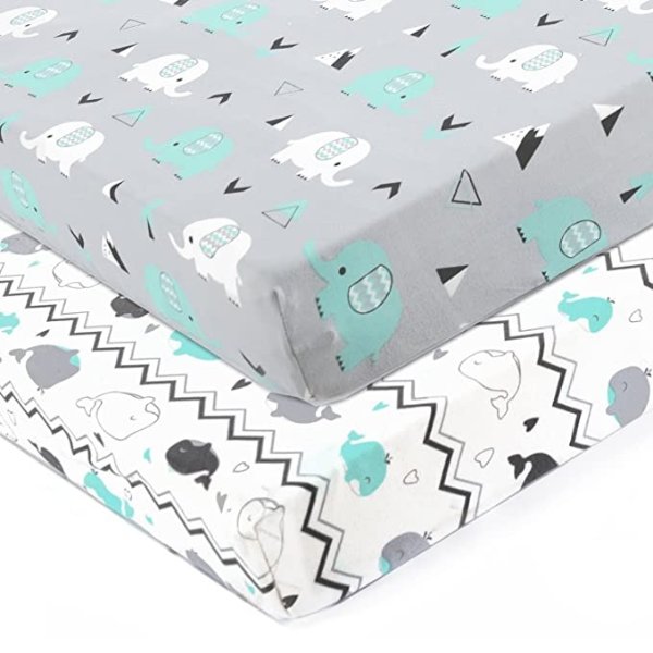 Stretchy Fitted Crib Sheets Set 2 Pack Portable Crib Mattress Topper for Baby Boys Girls,Ultra Soft Jersey,Full Standard,Elephant & Whale