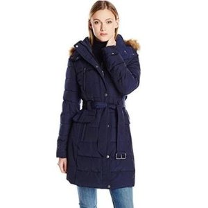 Tommy Hilfiger Down Coat with Faux Fur-Trim Hood and Striped Belt @ Amazon