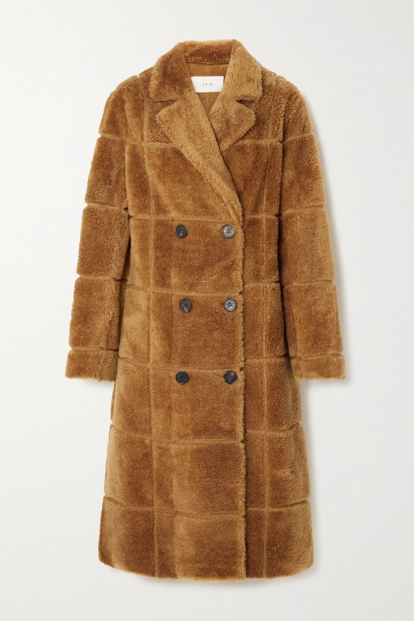 Double-breasted paneled faux shearling coat