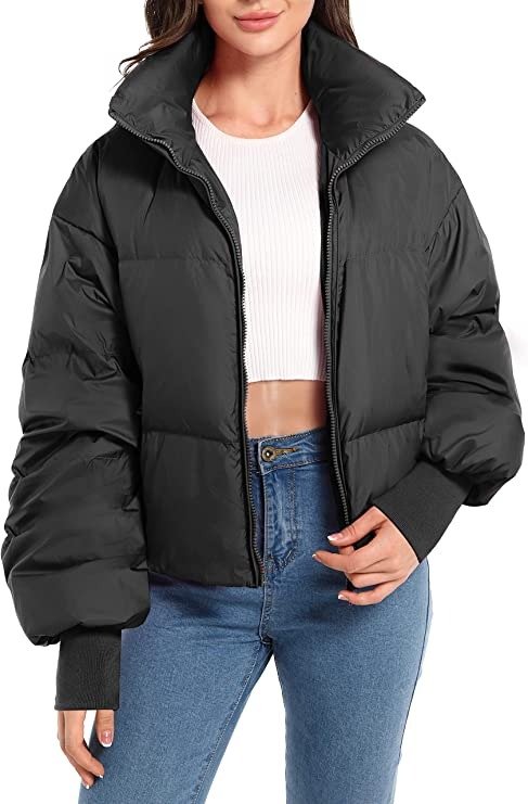 Oroaly Womens Winter Oversized Short Down Jacket Crop Zip Puffer Coat