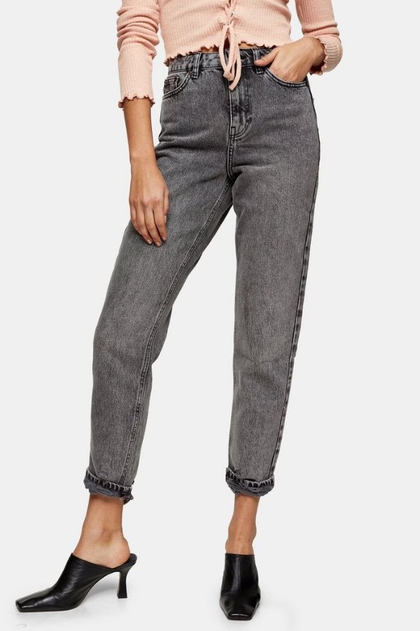 Grey Rip Hem Mom Tapered Jeans