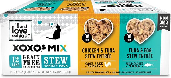 I and love and you XOXOs Canned Wet Cat Food, Chicken and Tuna/Tuna and Egg Stew, Grain Free, Real Meat, No Fillers, 3 oz Cans, Pack of 12 Cans