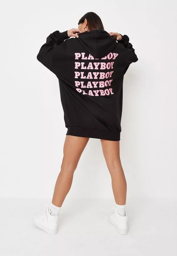 - Playboy xBlack Repeat Print Hoodie Sweater Dress