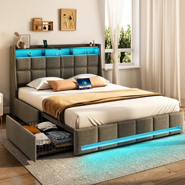 Dyane Upholstered Bed Full Bed Frame with Charging Station and LED Lights