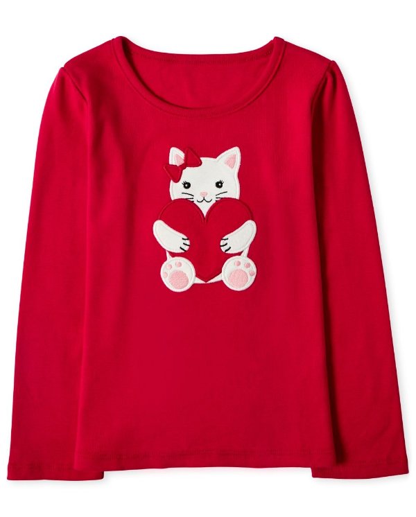 Girls Long Sleeve Embroidered Cat Top - Valentine Cutie