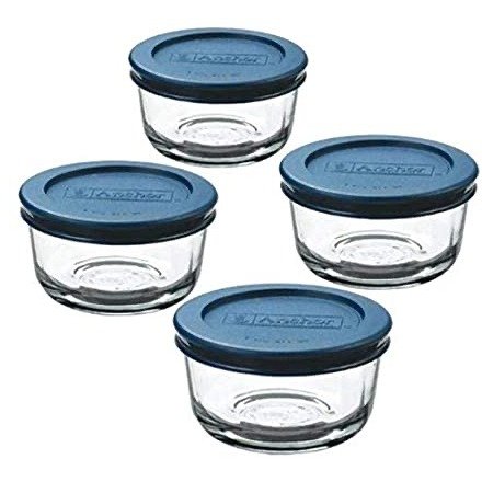 1-Cup Round, Glass Food Storage Containers with Plastic Lids, Blue, Set of 4