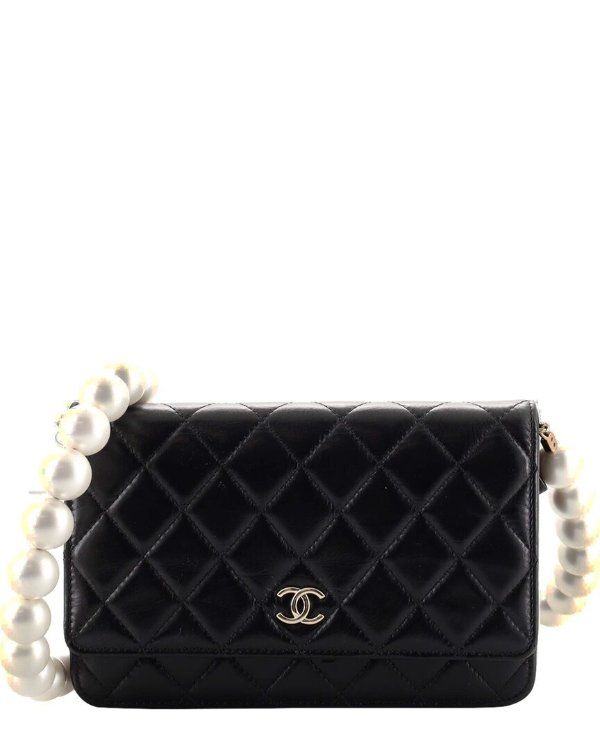 Black Quilted Calfskin Leather Mini Pearl Strap CC Wallet on Chain (Authentic Pre-Owned)