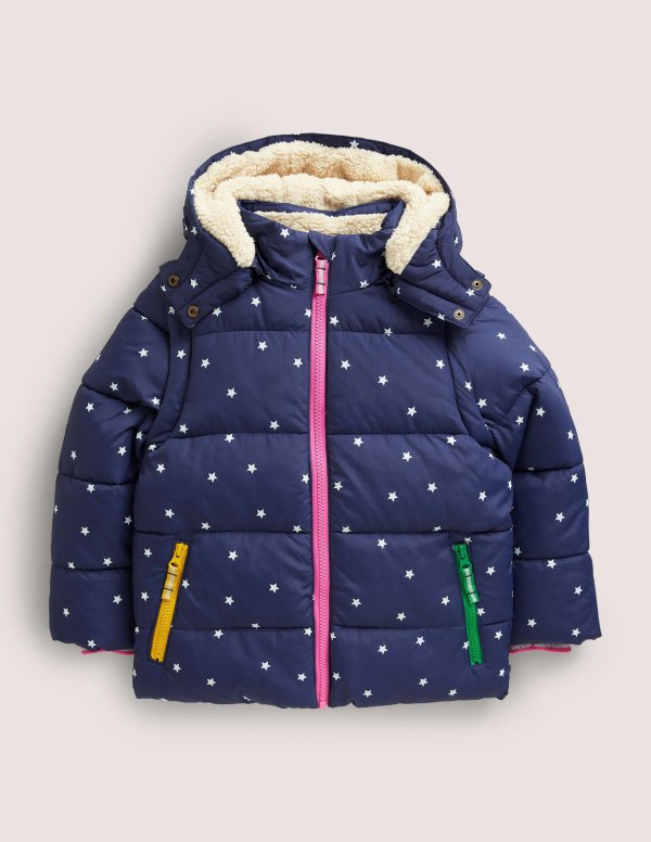 Navy Star Print Hooded Puffer Jacket - College Navy Confetti Star | Boden US