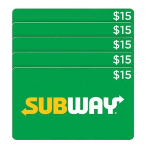 Subway $15 电子礼卡5张 (总值$75)