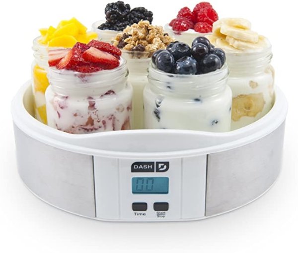 Dash Yogurt Maker Machine with Stainless Steel Base, Digital Display, Auto Timer + 7 Jars (8oz glass jars) with BPA Free Lids: Perfect for Homemade Baby Yogurt, Kids Yogurt, or Grab and Go Breakfast