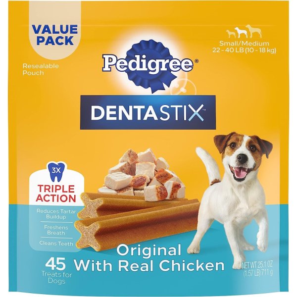 DENTASTIX Small/Medium Dog Dental Treats Original Flavor Dental Bones, 1.57 lb. Value Pack (45 Treats)