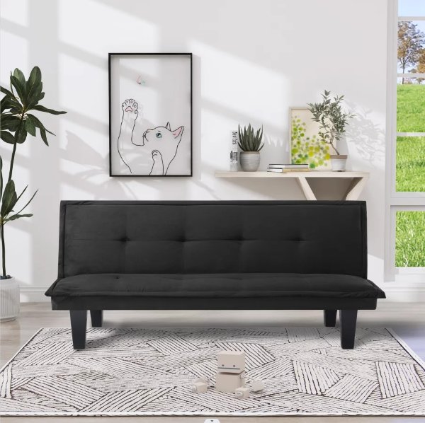 BSHTI Futon Sofa Bed , 63.8'' Black Faux Suede Convertible Sofa Couch for Living Rooms, Apartments, And Offices.