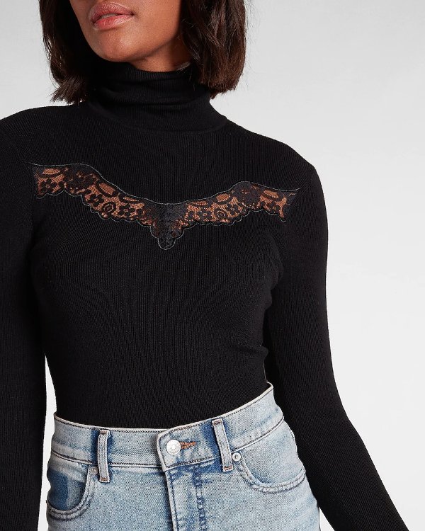 Lace Front Turtleneck Sweater
