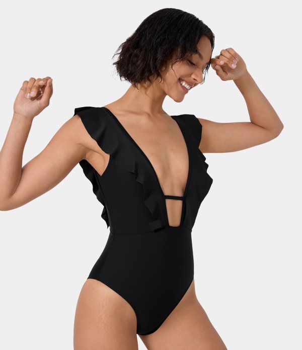 Women’s Deep V Neck Ruffle Backless One Piece Swimsuit - Halara