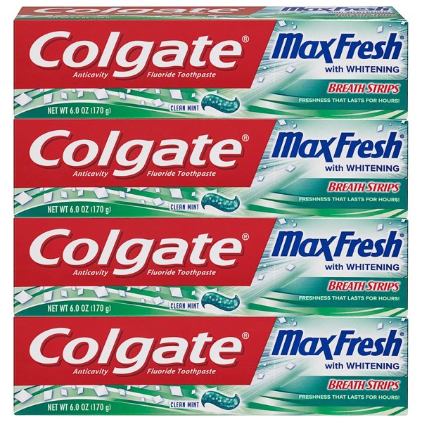 Max Fresh Whitening Toothpaste with Breath Strips, Clean Mint - 6 ounce (4 Count)
