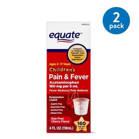 Children's Pain & Fever, Acetaminophen 160 mg per 5 mL Oral Suspension, Dye-free, Cherry Flavor, Pain Reliever and Fever Reducer , 160mg 4oz