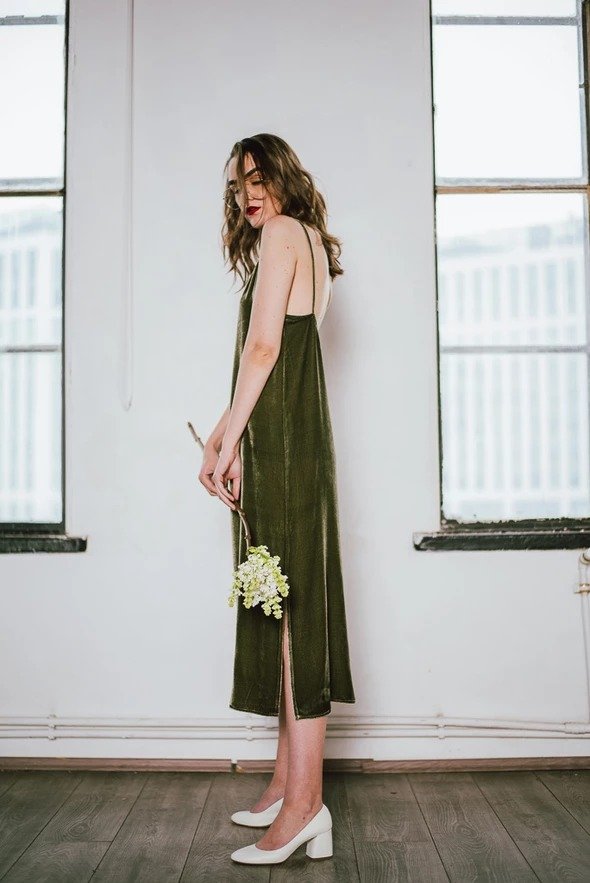 Silk-Velvet Long Slip Dress-Avocado