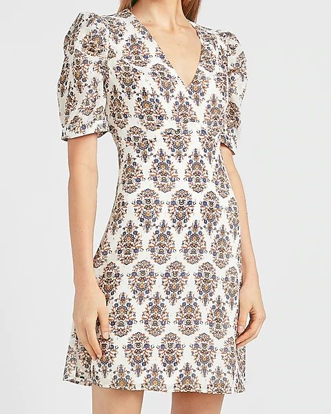 Paisley Puff Sleeve Fit And Flare Dress