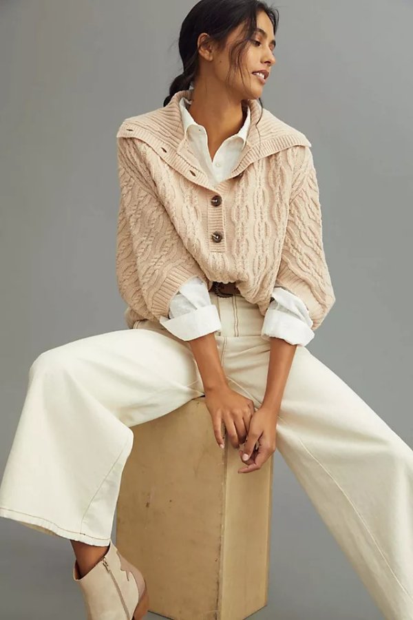 Cable-Knit Buttoned Poncho