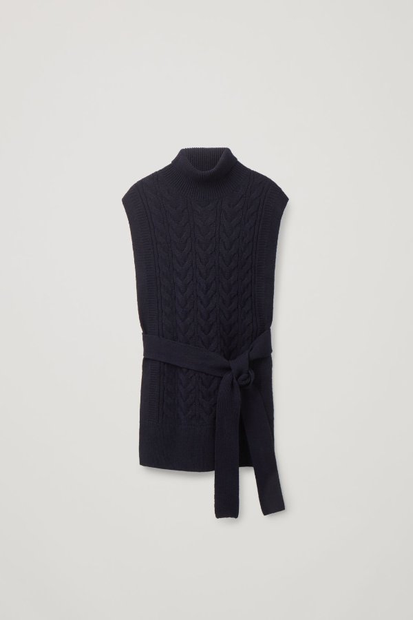 CABLE KNIT ROLL-NECK BELTED VEST