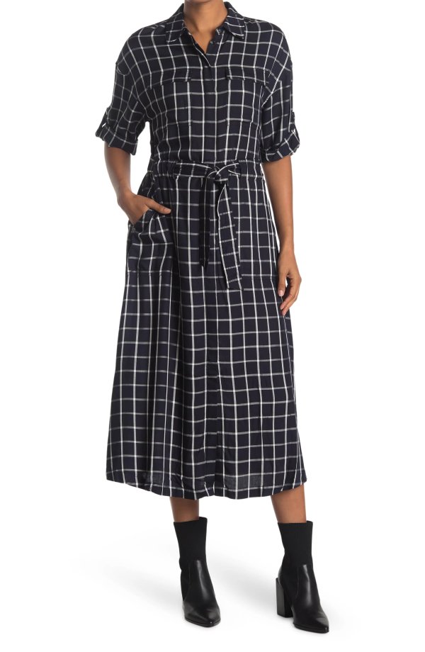 Nordstrom Rack Calvin Klein Plaid Belted Midi Shirt Dress 