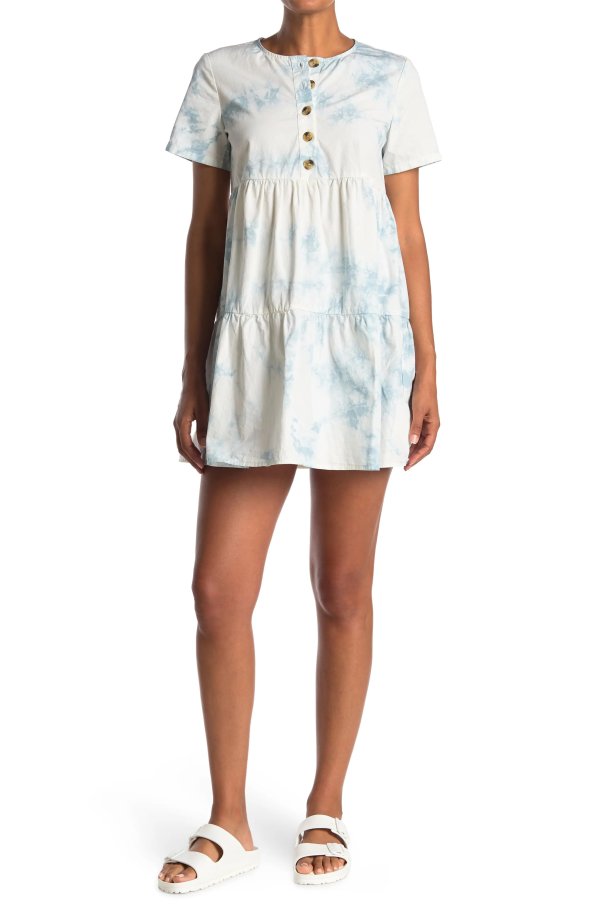 Short Sleeve Button Front Tie Dye Print Tiered Mini Dress
