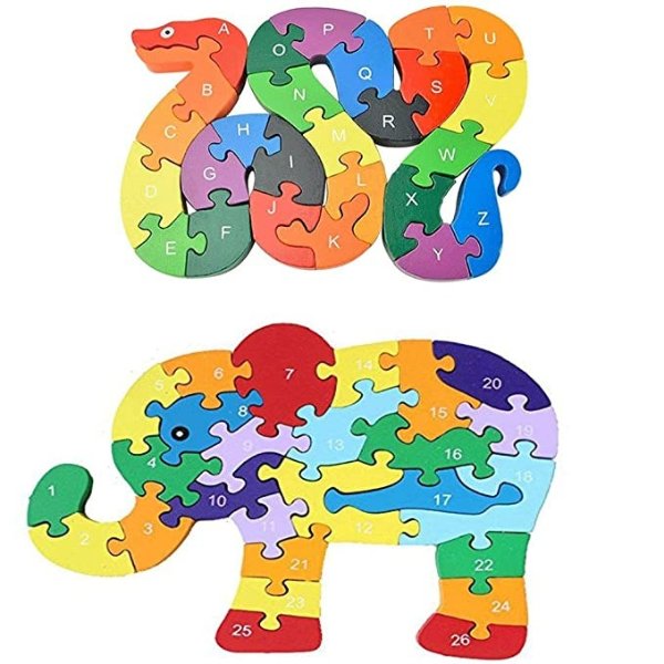 Animal Wooden Puzzle, Building Blocks Puzzles Alphabet Jigsaw Puzzle Preschool Learning Educational Toy Blocks Set Gifts - Snake & Elephant